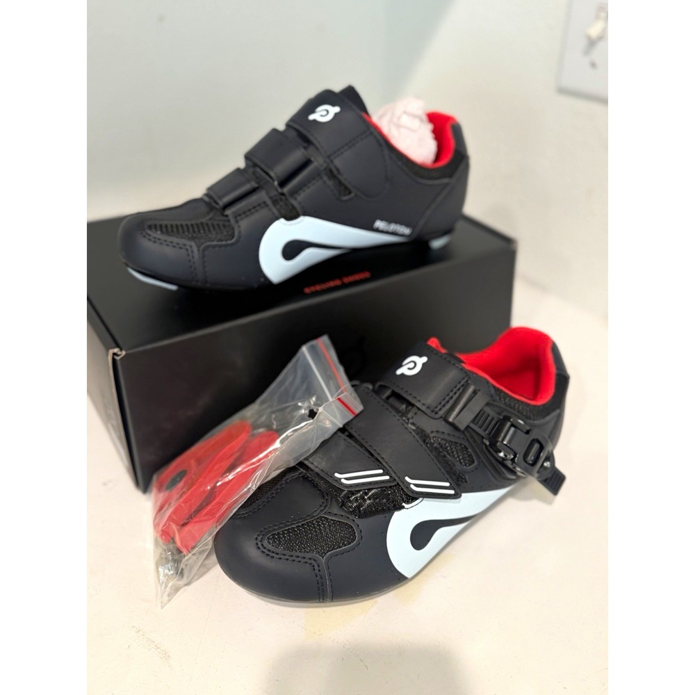 Peloton Cycling Shoes Road EU 38 Black/White/Red Buckle Adjustable w/ Cleats NEW